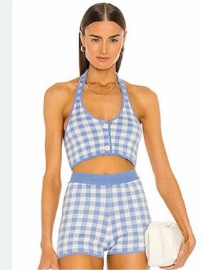 Revolve MAJORELLE Addy Light Blue and Cream Gingham Knit Crop Top and Shorts Set